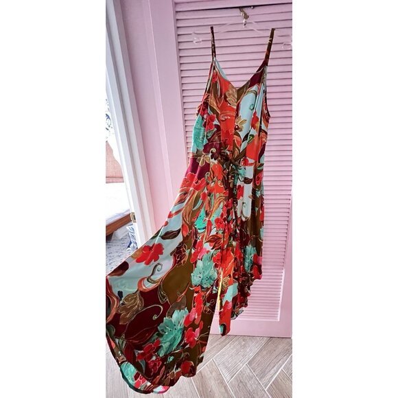 IVY STREET Sz XL Wide Leg JUMPSIUT Spaghetti Strap Tropical Floral Pockets NICE - Picture 15 of 16